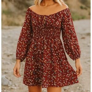 3rd + Malt sz XL Womens Red Floral Long Sleeve Tie Ruched Mini Dress Boho Dainty